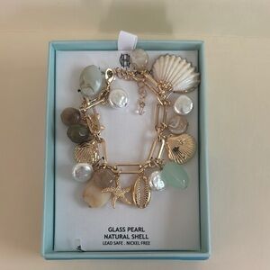 HOUSE OF HARLOW Seaside Gold Tone Glass Pearl Shell Jade Charm Bracelet NWT $75